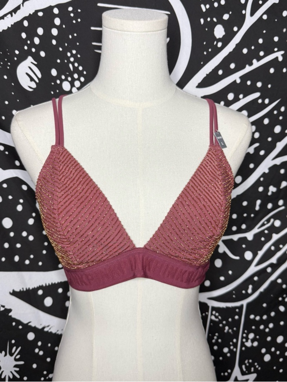 PINK Victoria's Secret Dusty Rose Beaded Bralette Sz L